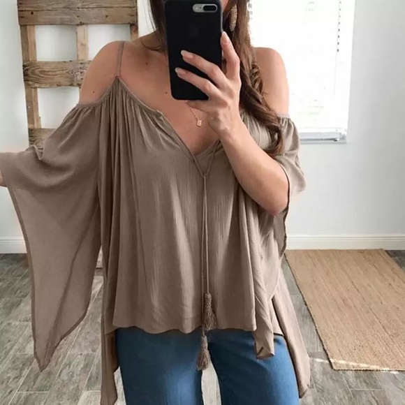 Tassel Tie Cold Shoulder Butterfly Blouse Mocha - Picture 4 of 8